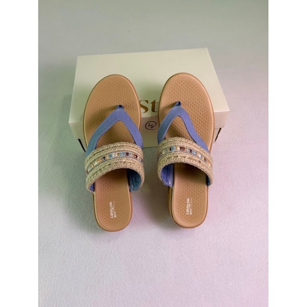 LifeStride Birdie Wedge Sandals Womens 10 Blue Tan NEW Braided Jute Cork